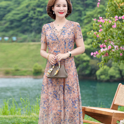 中年洋气妈妈连衣裙夏短袖中年妇女碎花气质欧根纱40岁50裙子显瘦