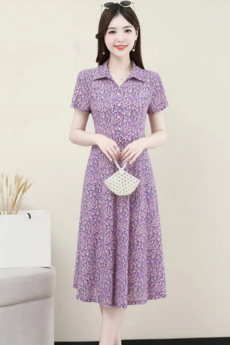 有口袋妈妈夏装短袖时尚翻领碎花连衣裙中老年女收腰显瘦印花裙子