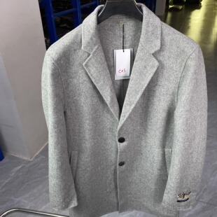 冬季 专柜56码 毛呢大衣男装 领中长款 灰色外套C03 55%羊毛双面呢西装