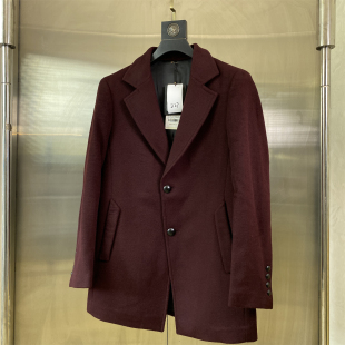 酒红色冬季 领大衣男中长款 保暖商务外套d27 99羊毛西装 专柜46码