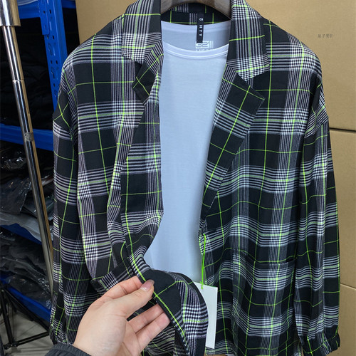 春秋季翻领格子宽松衬衫夹克