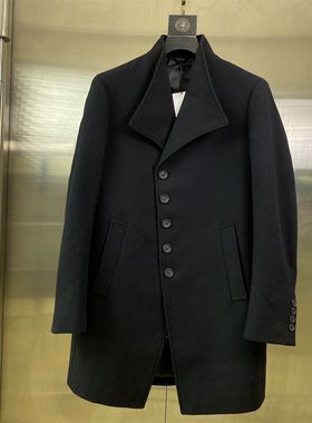 专柜46码轻奢男士中长款黑色毛呢大衣西装领单排扣冬季外套D47