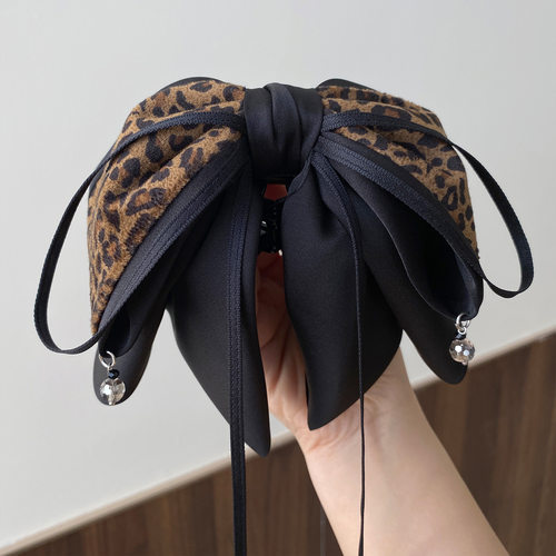 跨境韩系气质豹纹蝴蝶结马尾抓夹发夹甜酷高级感后脑勺半扎发头饰