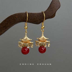 跨境国潮原创~塔顶阁楼设计师款微镶锆石个性新中式新款耳饰耳环