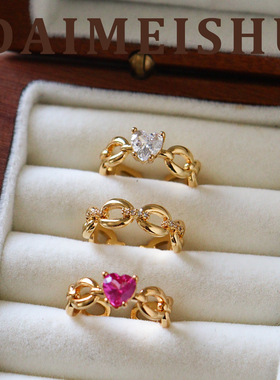 【心动密语】欧美风百搭玫红色爱心锆石戒指小众高级感开口戒指环