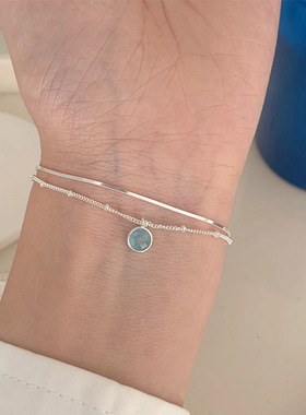 跨境s925纯银天然海蓝宝粉玉髓双层手链清新小众甜美百搭气质手饰