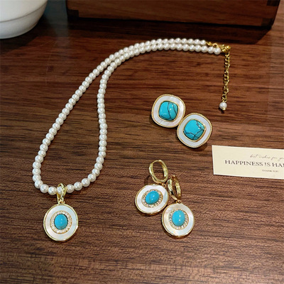 跨境轻奢精致高级感套装绿松石白贝母万能扣吊坠珍珠项链叠戴气质