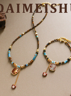 【马上有钱花】彩色AB面滴油小马项链天然彩石手链时尚复古锁骨链