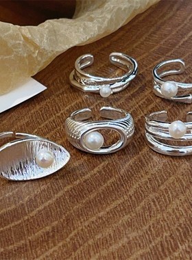 跨境仙女风珍珠开口戒指韩版几何铜镀白金食指戒少女个性情侣戒潮