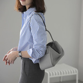 女休闲设计感宽松复古长袖 衬衫 职业上衣 蓝色条纹法式 2026早春新款