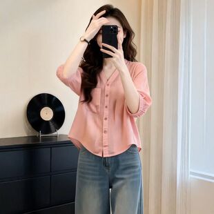 女夏季 衬衫 2026新款 大码 衬衣 法式 胖mm显瘦气质减龄小衫 V领七分袖