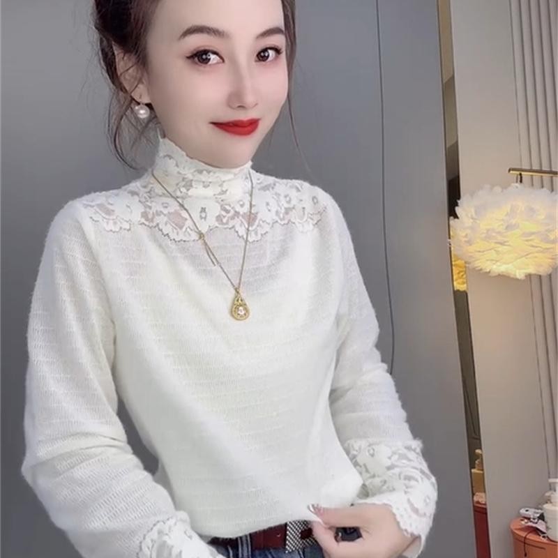 欧货钩花蕾丝高领漂亮打底小衫女秋冬新款气质高级感修身内搭T恤