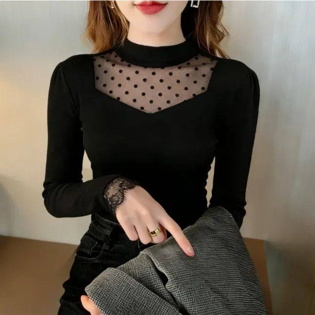 法式黑色半高领蕾丝波点长袖T恤女2026秋冬新款洋气减龄打底上衣