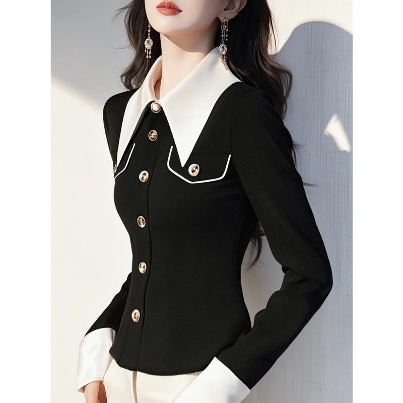 2025年新款韩版设计感高级独特超好看白黑撞色修身显瘦衬衫上衣女