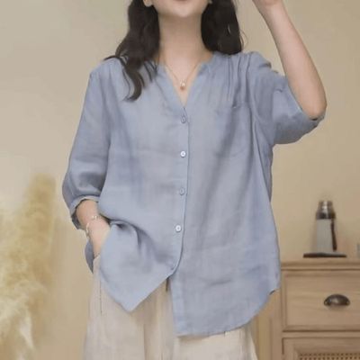 薄款女士衬衫夏季新款设计感小众v领五分袖上衣时尚宽松显瘦衬衣