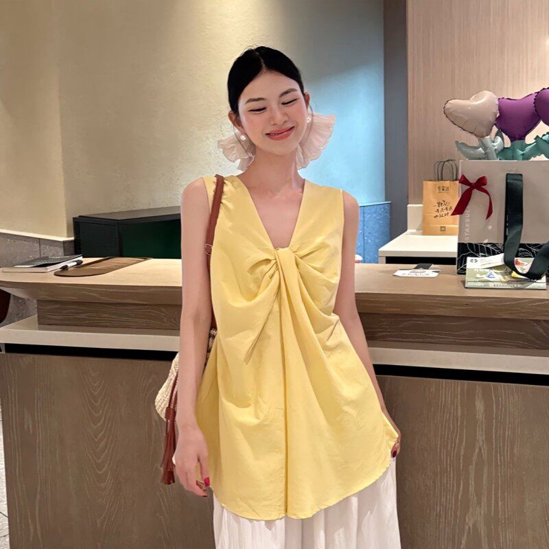 黄色扭结小心机V领背心衬衫女夏季小清新气质宽松中长款甜辣上衣