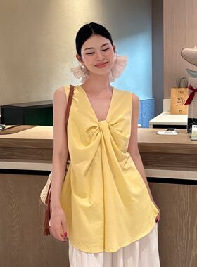 黄色扭结小心机V领背心衬衫女夏季小清新气质宽松中长款甜辣上衣