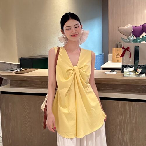 黄色扭结小心机V领背心衬衫女夏季小清新气质宽松中长款甜辣上衣