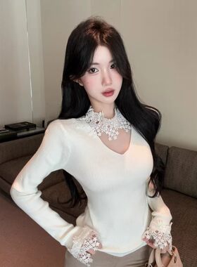小香风蕾丝拼接针织衫女冬纯欲v领挂脖上衣半高领打底衫内搭毛衣
