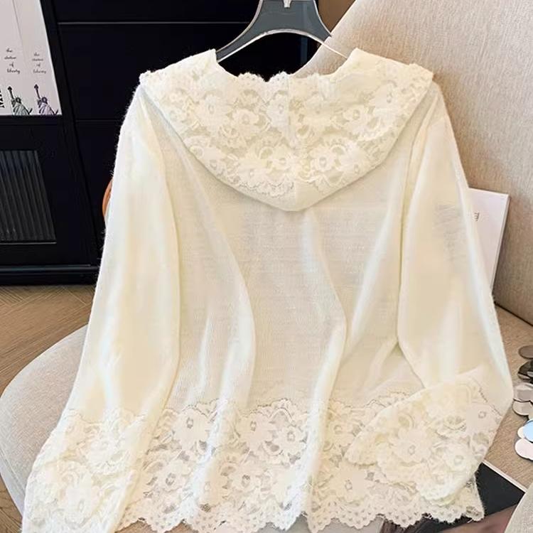 法式纯欲蕾丝拼接连帽针织衫女秋冬季宽松显瘦内搭打底衫长袖上衣