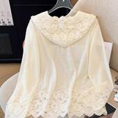 长袖 法式 宽松显瘦内搭打底衫 女秋冬季 上衣 纯欲蕾丝拼接连帽针织衫