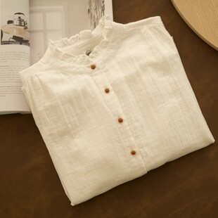 兜圈 纯棉纱棉立领木耳边衬衫纯色打底百搭减龄叠穿白衬衣女甜美