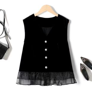 特大码300斤小香风时尚潮流韩版金丝绒银扣马甲拼接网纱背心男女