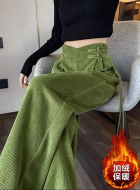 新中式国风橄榄绿色灯芯绒流苏盘扣阔腿裤冬季宽松慵懒风保暖裤子