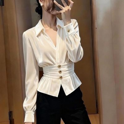 法式气质白色掐腰丝绒衬衫女2025秋季新款高级感轻奢短款绝美上衣