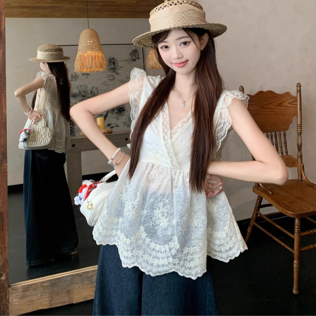 法式v领露背荷叶边吊带背心女夏季外穿新款拼接蕾丝裙摆无袖上衣