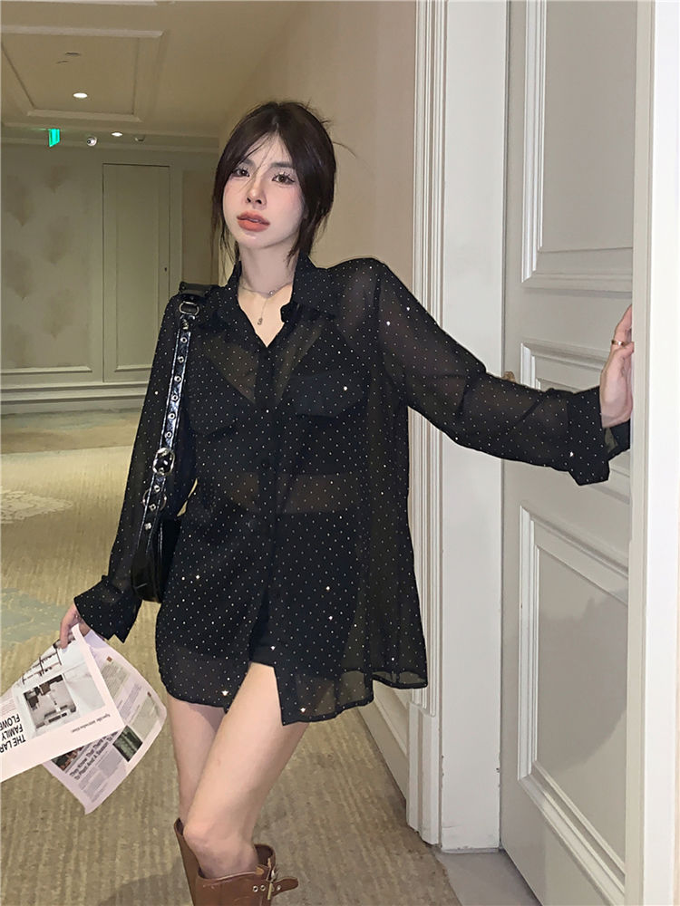 欧货重工烫钻衬衫女轻薄透视长袖上衣显瘦开扣衬衣百搭防晒衫夏季
