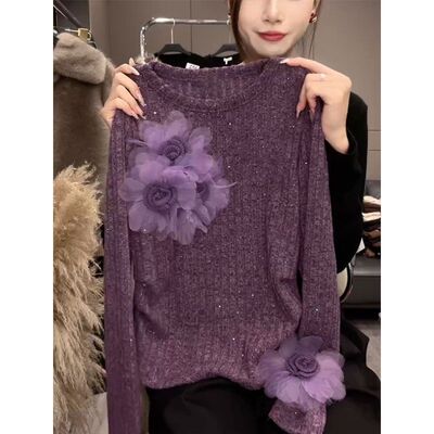 韩版高级感立体花长袖T恤女春秋季新款褶皱上衣洋气针织上衣女