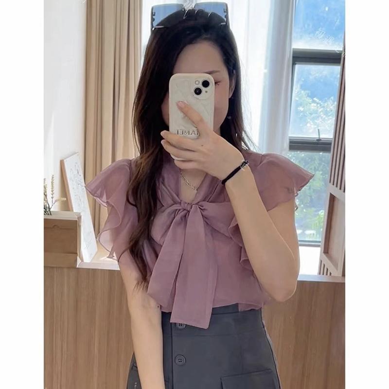 法式洋气飞飞袖衬衫女夏季新款蝴蝶结系带减龄时尚荷叶边甜美上衣