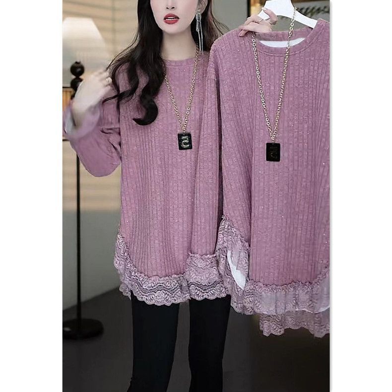 高级蕾丝边加绒加厚中长款圆领T恤女冬宽松显瘦拼接长袖保暖上衣