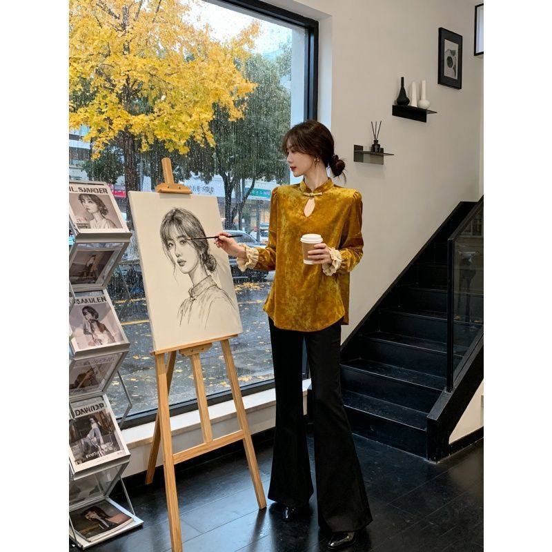美拉德复古黄色荷叶袖丝绒衬衫秋冬新中式国风唐装盘扣镂空上衣