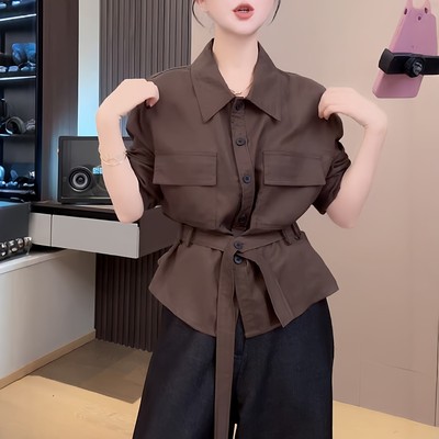 法式气质天丝翻领长袖衬衫女秋季新款设计感系带收腰显瘦百搭上衣