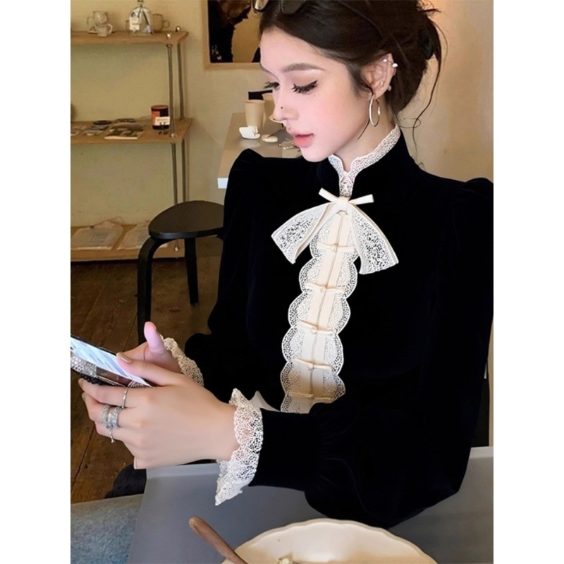 新中式国风黑色丝绒衬衫女秋冬季内搭巨好看独特漂亮气质掐腰上衣