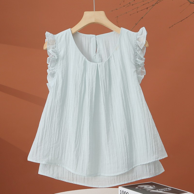 2025夏季新款女装木耳边飞飞袖法式小众风设计风独特薄款无袖上衣