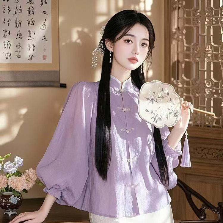 新中式国风别致独特温柔风上衣紫色立领盘扣灯笼袖衬衫女春季新款