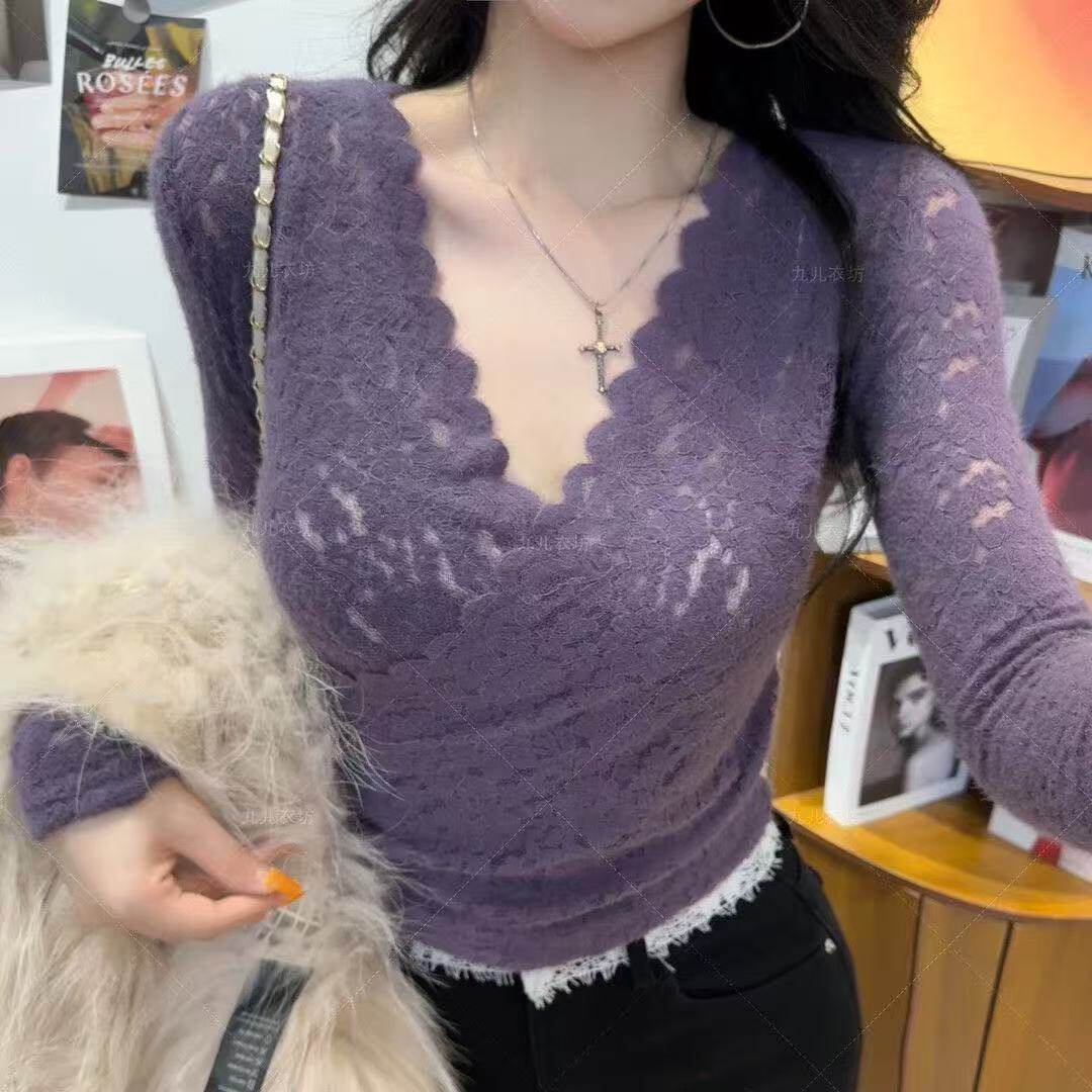 大码胖mm纯欲风交叉V领褶皱蕾丝打底衫女秋冬内搭修身显瘦上衣潮,女装/女士精品,蕾丝衫/雪纺衫,淘宝优惠券,粉丝福利购,淘宝优惠卷