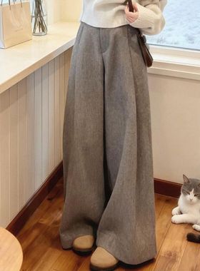 灰色毛呢阔腿裤女冬季新款加厚裤子高级感直筒休闲宽松垂感西装裤