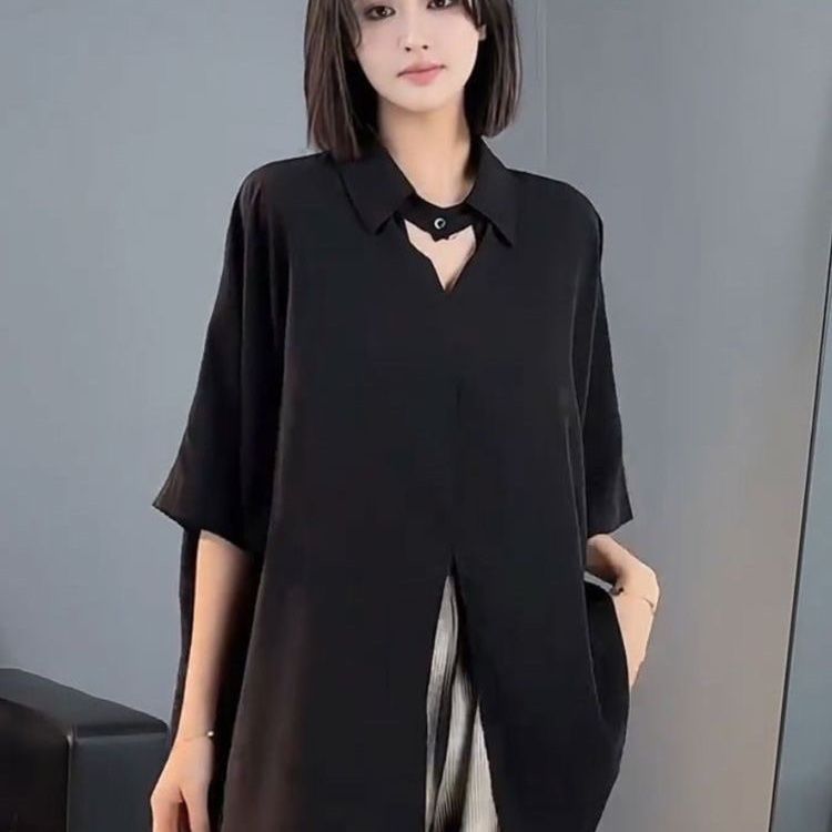 潮牌衬衫女士短袖夏季薄款冰丝宽松纯色韩系设计感小众五分袖衬衣