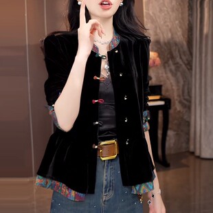 新中式国风立领盘扣长袖开衫女2025春秋新款时尚高级通勤丝绒上衣