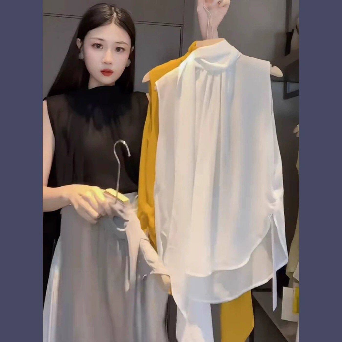 复古设计飘带立领黑色雪纺罩衫女夏季无袖透视衬衫港风别致绑带