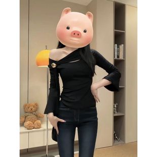 秋冬新款特别漂亮的掐腰上衣大码女装美式可拆卸不规则飘带打底衫