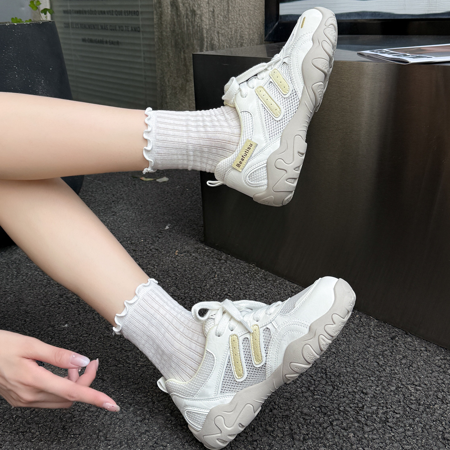 女鞋欧美休闲鞋牛皮网透气厚底