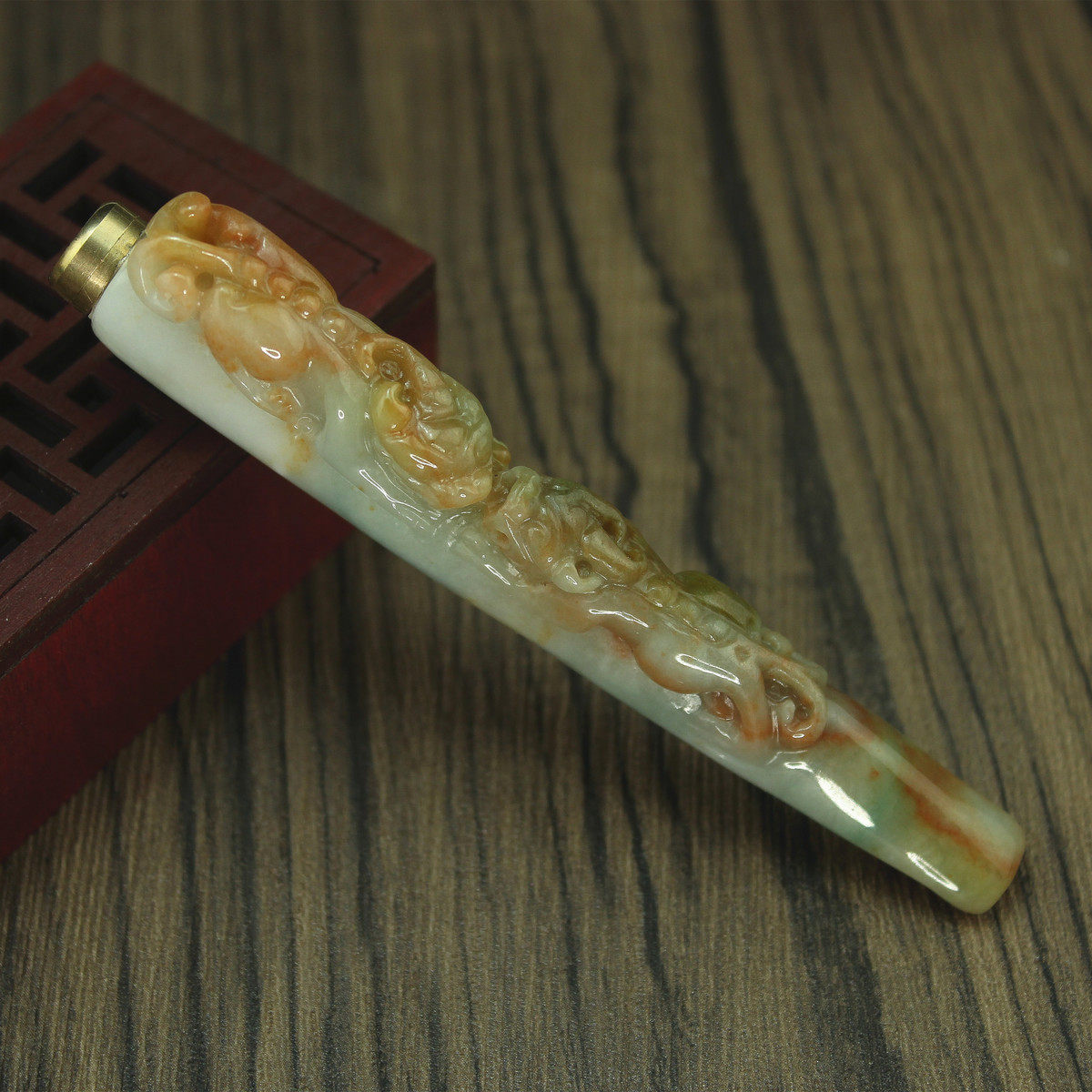 缅甸天然翡翠A货玉器 糯种红翡飘花招财貔貅过滤芯烟嘴 证书包邮