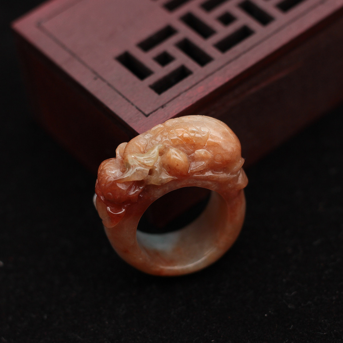 19mm 缅甸天然翡翠A货玉器 糯种红黄翡年年有余鲤鱼戒指指环 包邮