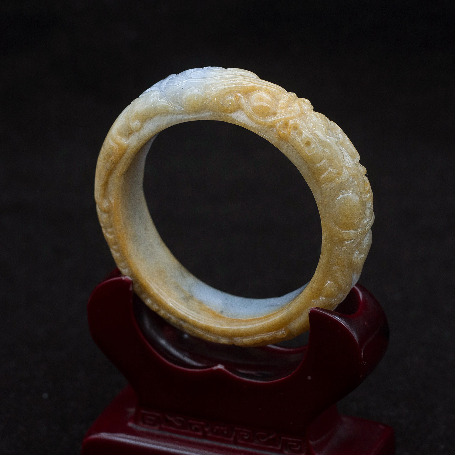 55mm 工厂直销 缅甸天然a货翡翠玉器 糯种黄翡龙凤呈祥手镯 包邮