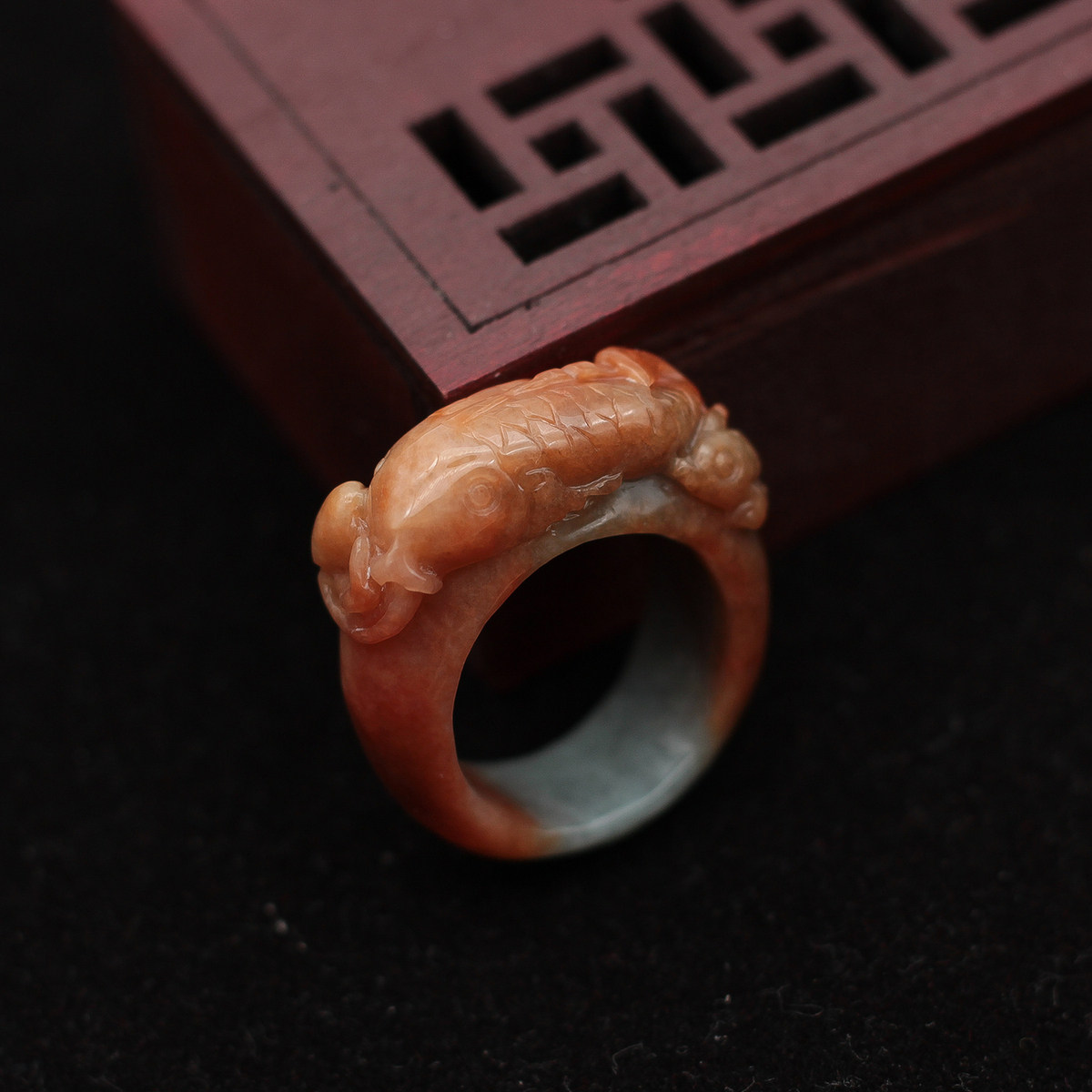 19mm 缅甸天然翡翠A货玉器 老坑糯种红翡年年有余鲤鱼戒指 包邮